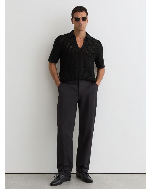 Reiss Black Crochet Open-Collar Polo Shirt for men