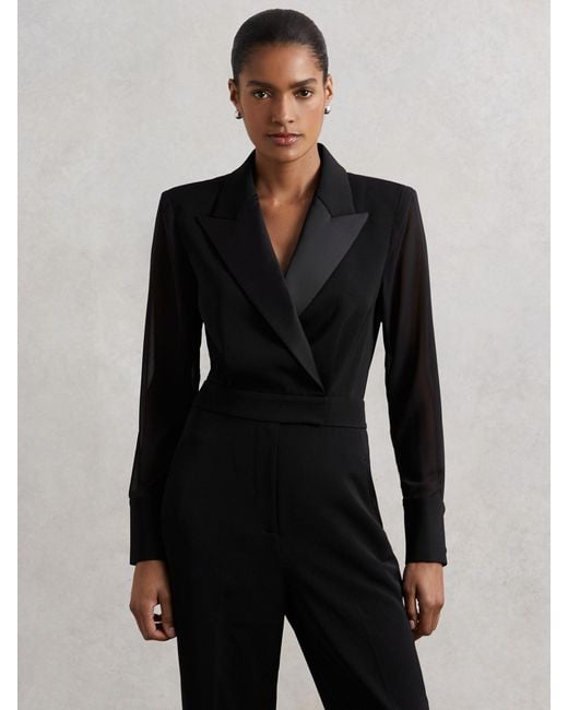 Reiss Black Sheer-Sleeve Tuxedo Jumpsuit