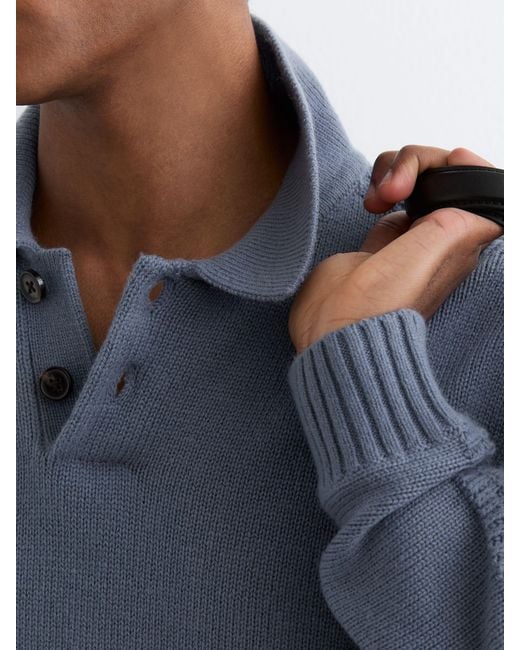 Reiss Blue Wool-Blend Half-Button Polo Jumper for men