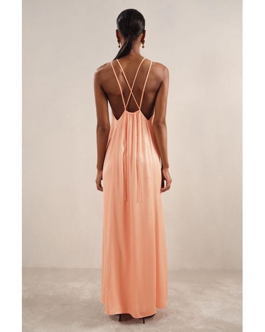 Reiss Brown Tallie - Peach Petite Satin Halterneck Maxi Dress, Us 10