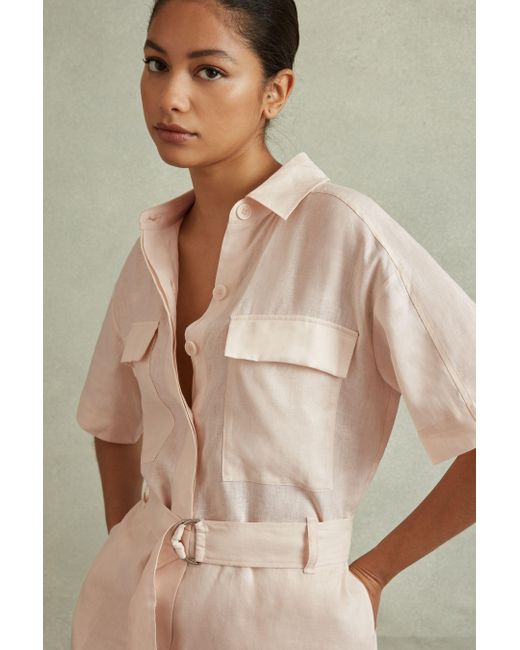 Reiss Brown Selina - Pink Linen Belted Playsuit