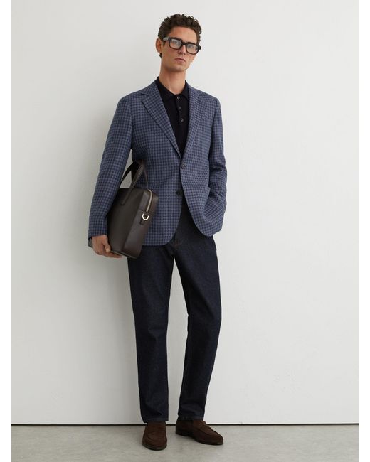 Reiss Blue Wool-Blend Single-Breasted Check Blazer With Linen for men