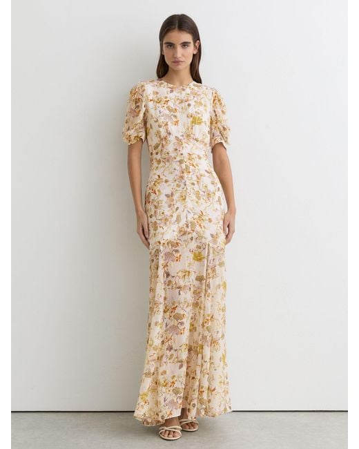 Reiss Natural Naia - Ivory Floral-print Metallic-thread Maxi Dress, Us 0