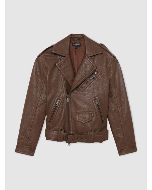 ATELIER Brown Grained-Leather Oversized Biker Jacket