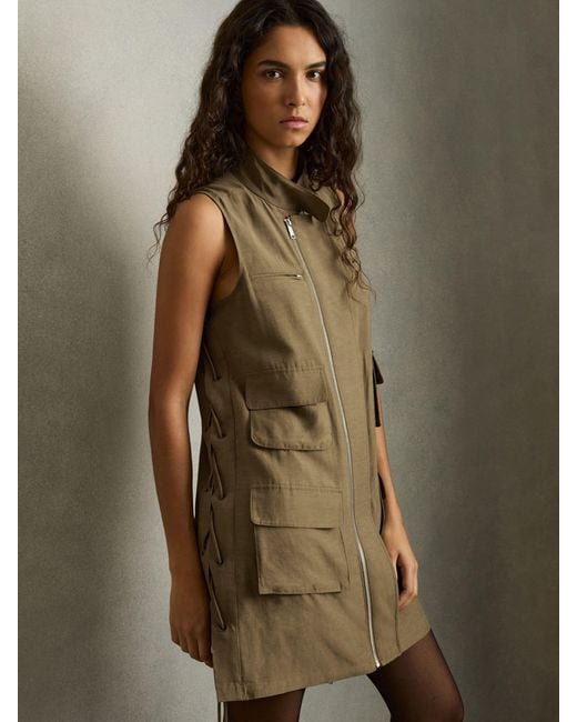 Reiss Brown Utility Zip-Through Mini Dress With Linen
