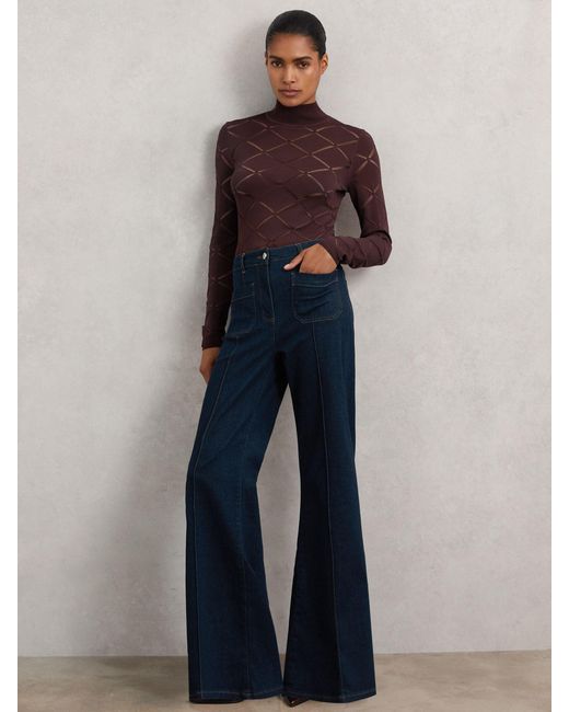 Reiss Brown Laser-Cut Funnel-Neck Knit Top