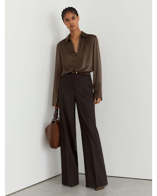 Reiss Brown Silk Open-Collar Blouse