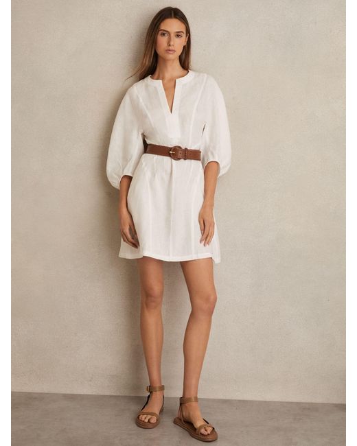 Reiss Natural Linen Balloon Sleeve Mini Dress