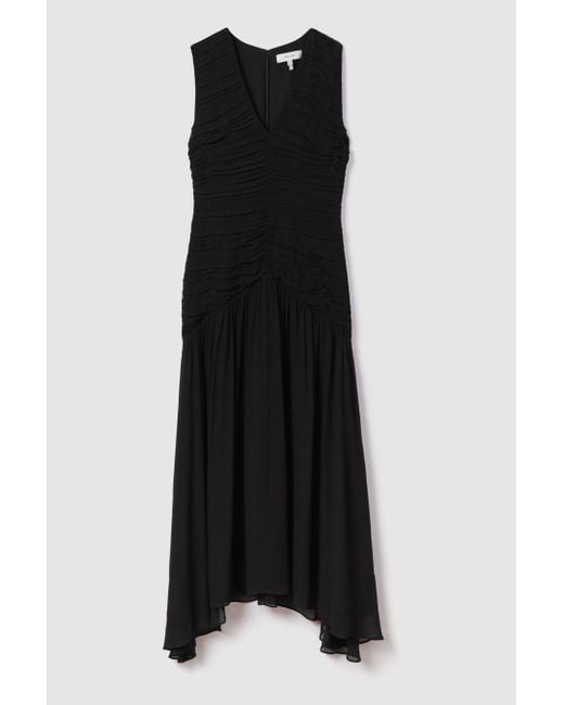 Reiss Saffy - Black Ruched Bodycon Midi Dress