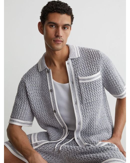 Reiss Gray Cotton Crochet Button-Through Shirt for men