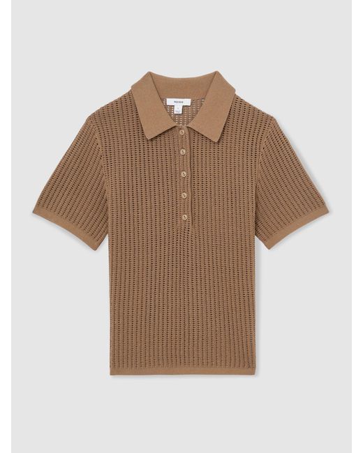 Reiss Brown Evi - Tan Cotton-blend Open-knit Polo Shirt, Xs (us 2)