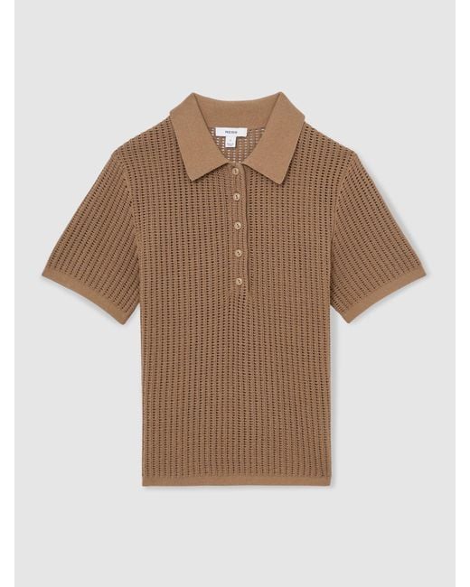 Reiss Brown Evi - Tan Cotton-blend Open-knit Polo Shirt, Xs