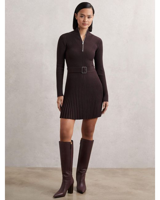 Reiss Multicolor Rib-Knit Belted Half-Zip Flippy Dress