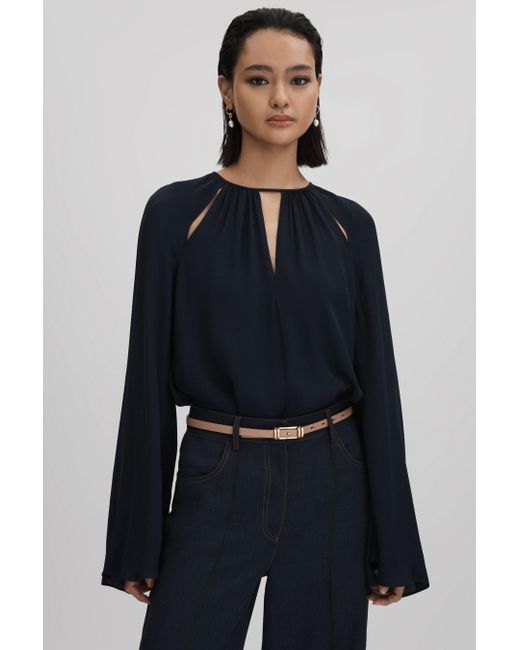 Reiss Blue Gracie - Navy Cut-out Flute Sleeve Blouse