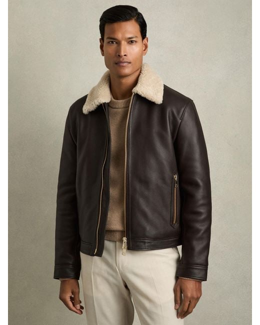 Reiss Brown Shetland Jacket Leather Plain for men