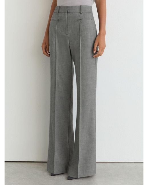 Reiss Gray Woven Pintuck-Detail Flared Trousers