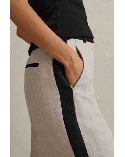 Reiss Natural Luella - Neutral Colourblock Linen Wide Leg Trousers