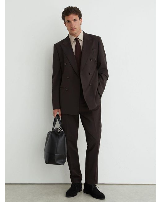 Reiss Gray Wool-Blend Double-Breasted Suit Blazer Tailored-Fit for men