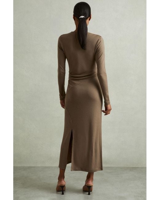 Reiss Natural Petite Wool Ruche Detail Midi Dress
