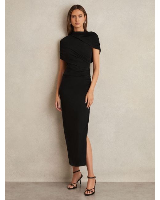 Reiss Azure - Black Stretch Lyocell Ruched Midi Dress, Us 6