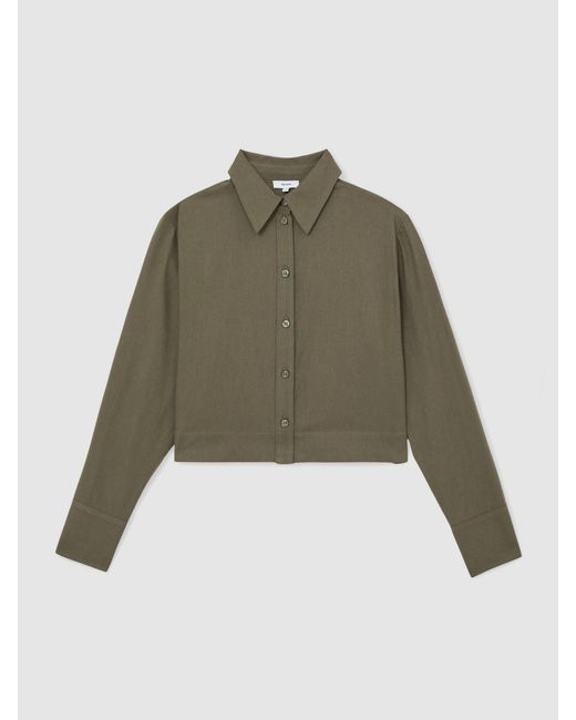 Reiss Brown Caylan - Khaki Green Cotton And Wool Cropped Shirt, Us 12