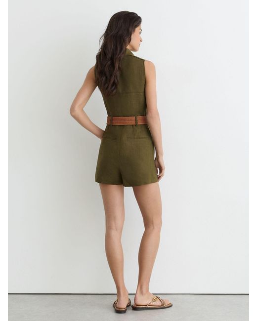 Reiss Green Linen Sleeveless Belted Playsuit