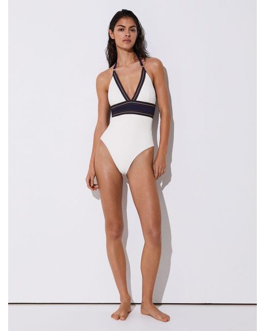 Reiss White Giana - Ivory/navy Colour-block Halterneck Swimsuit, Us 2