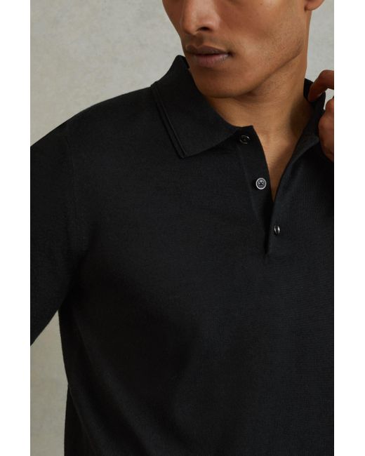 Reiss Manor - Black Merino Wool Polo Shirt, L for men