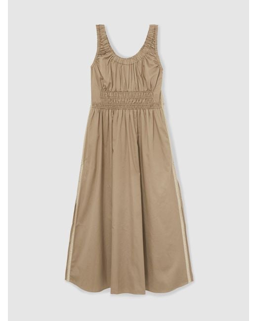 Reiss Natural Anouk - Khaki Cotton Craft-stitch Shirred Midi Dress, Us 12