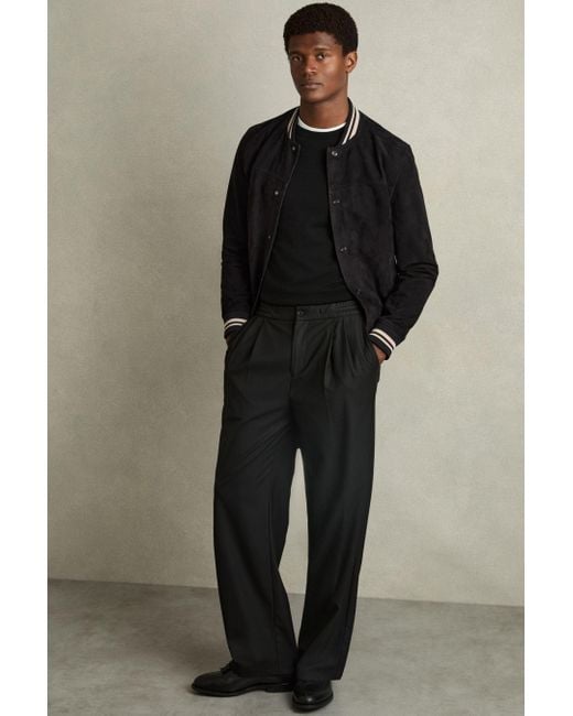 Reiss Black Banridge - Navy Suede Stripe-trim Bomber Jacket, M for men