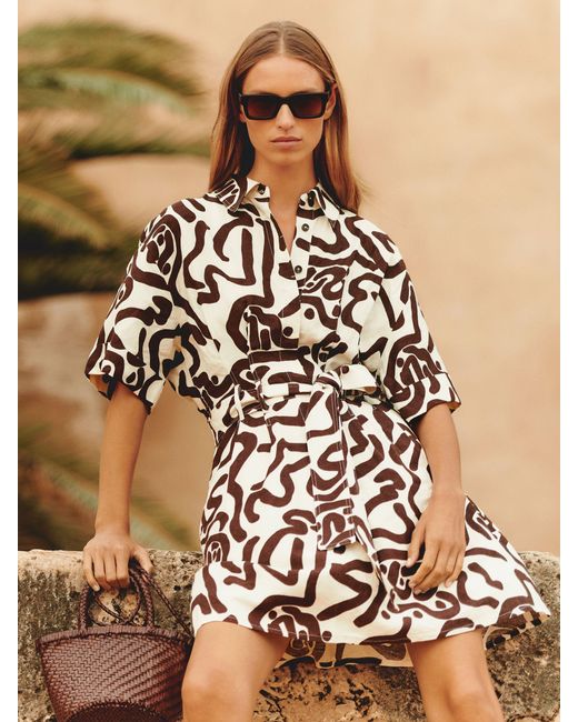 Reiss Natural Camelia - Brown/ivory Linen Blend Printed Shirt Dress, Us 4