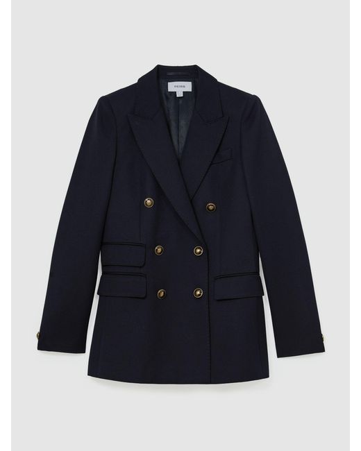 Reiss Blue Petite Wool-Blend Twill Double-Breasted Blazer