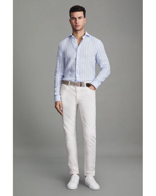 Reiss Gray Ruban - Soft Blue Pin Stripe Linen Button-through Shirt for men