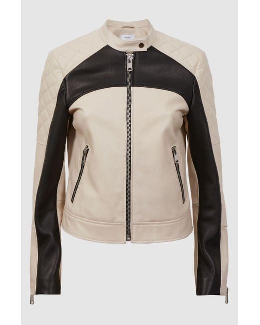 Reiss Natural Adelaide - Black/neutral Leather Collarless Quilted Jacket