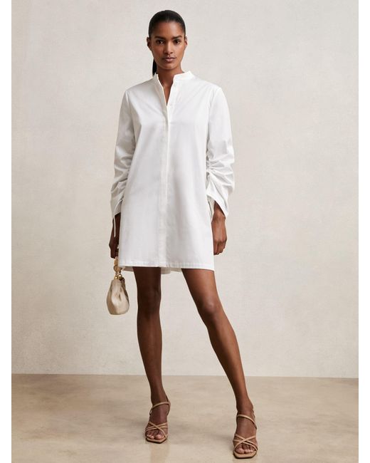 Reiss Natural Cotton Gathered Cut-Out Shirt Dress With Stretch