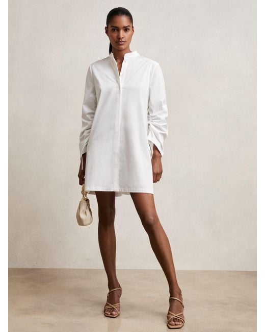 Reiss Natural Cotton Gathered Cut-Out Shirt Dress With Stretch
