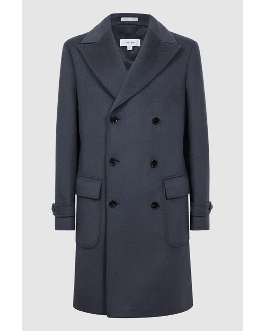 Reiss Crowd - Airforce Blue Wool Double Breasted Mid-length Coat for men