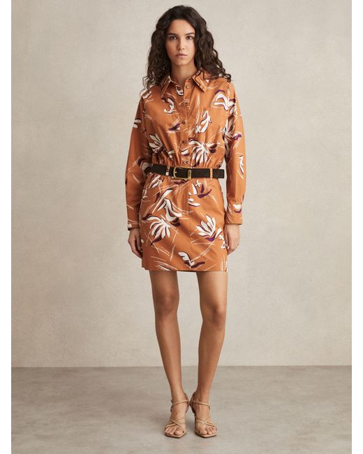 Reiss Brown Valia - Rust Cotton Printed Shirt Dress, Us 0
