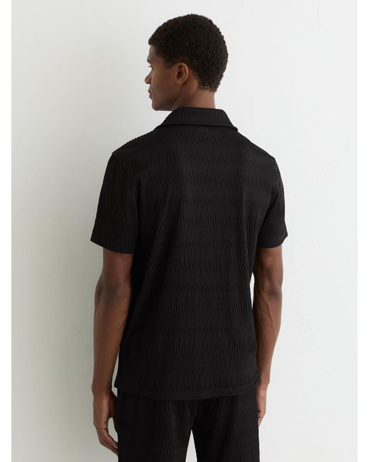 Reiss Black Textured-Wave Cuban-Collar Shirt for men