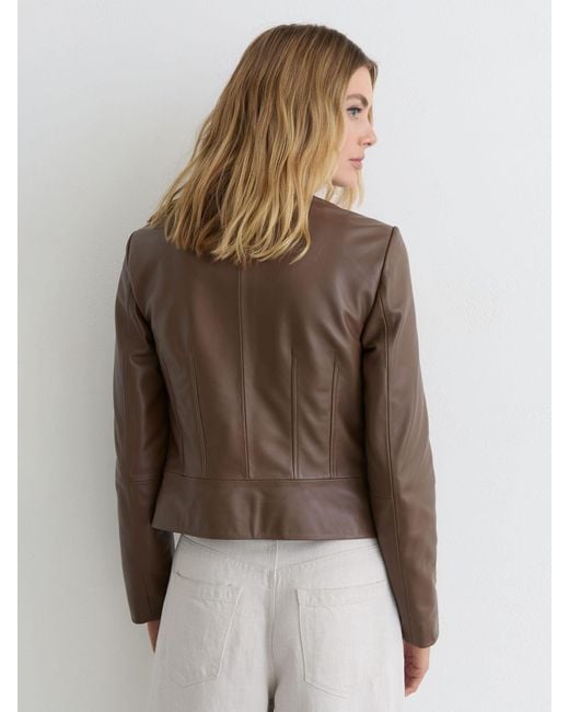 Reiss Brown Allie - Taupe Neutral Leather Collarless Biker Jacket, Us 10