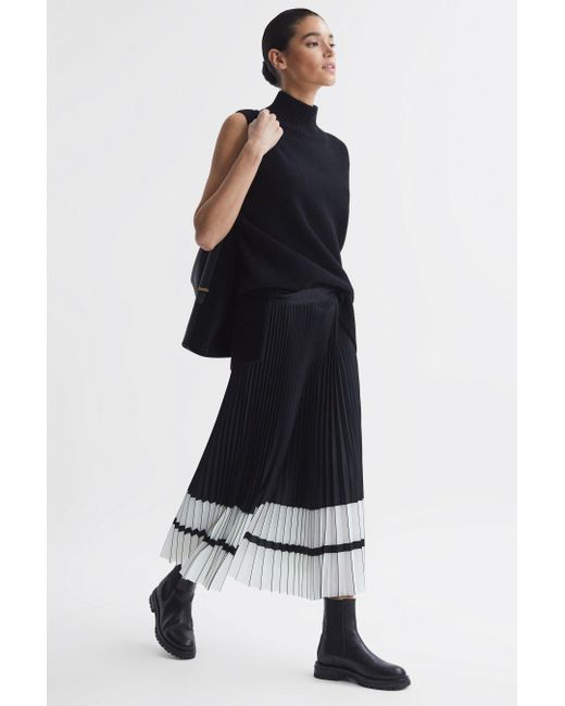 Reiss Multicolor Marie - Black/white High Rise Pleated Midi Skirt