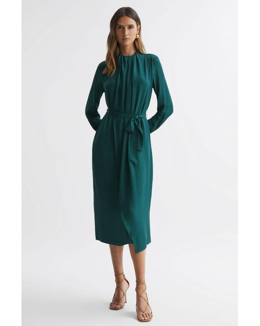 Reiss Phoenix - Green Pleated Long Sleeve Midi Dress