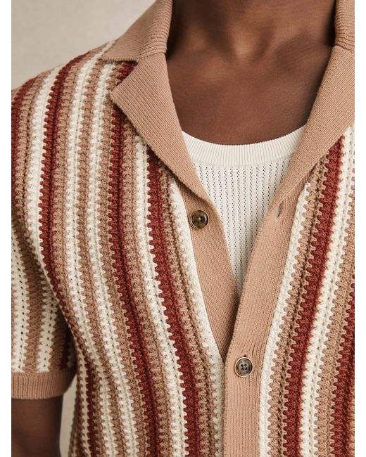 Reiss Brown Carrington - Camel Multi Cotton Crochet Stripe Cuban Shirt, L for men