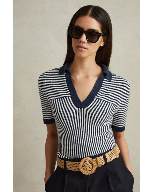 Reiss Black Stevie Linen Blend Striped Polo Top