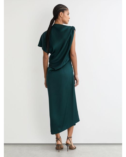 Reiss Green Satin Asymmetric Draped Midi Dress