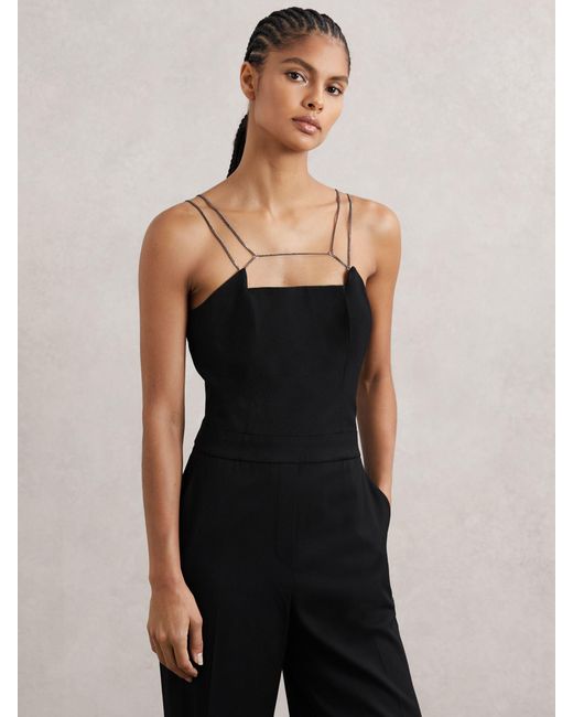 Reiss Black Chain-Strap Wide-Leg Jumpsuit