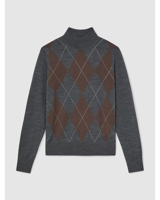 Reiss Gray Wool Argyle Funnel-Neck Jumper