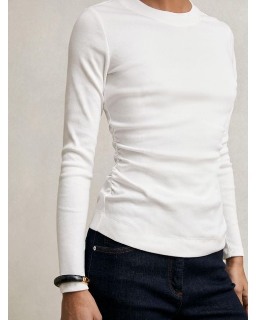 Reiss Tessa - White Cotton Long-sleeve Ruched T-shirt With Stretch, Xs (us 2)