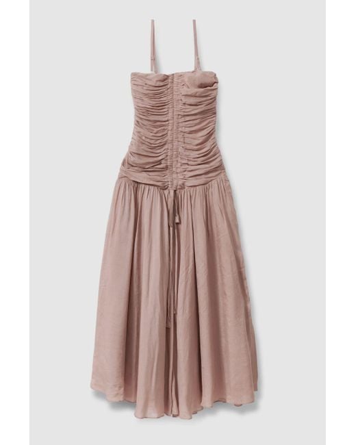 Reiss Brown Ryder - Dusty Pink Viscose Linen Ruched Maxi Dress