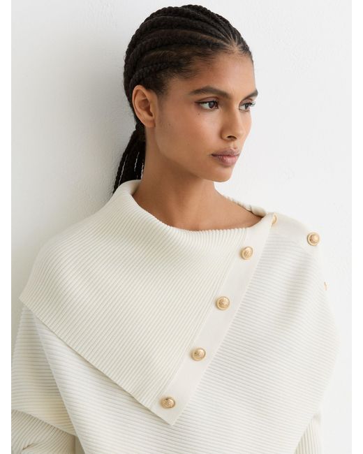 Reiss White Lexi - Ivory Rib-knit Button Shawl Jumper, Small (us 4-6)
